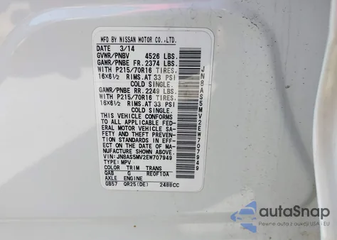 2014 Nissan Rogue Select S z USA, uszkodzony, nr VIN JN8AS5MV2EW707949